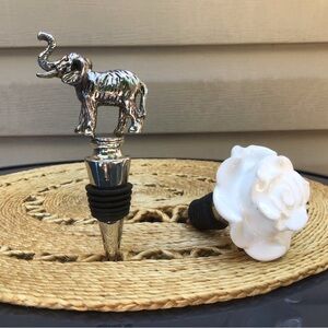Two Gorgeous Metal Bottle Stoppers, Ceramic Rose & Metal Elephant